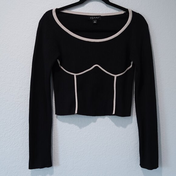 Say What? Tops - Say What Womens Cropped Top Knit Boat Neck Long Sleeve Black Shirt L